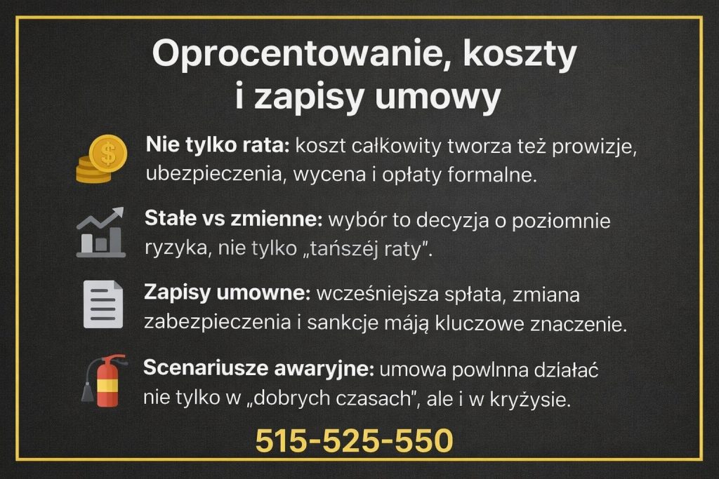 Finansowanie hipoteczne w formie pożyczki - grafika omawiająca oprocentowanie stałe i zmienne, całkowite koszty pożyczki, prowizje, ubezpieczenia oraz kluczowe zapisy umowne. Materiał zwraca uwagę na ryzyka i scenariusze awaryjne.