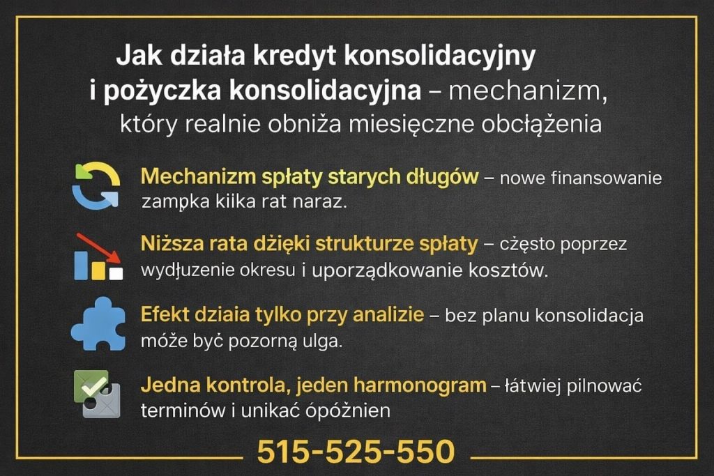 Jak działa mechanizm łączenia długów w jedną ratę - grafika tłumaczy proces spłaty starych zobowiązań nowym finansowaniem, obniżanie miesięcznego obciążenia poprzez strukturę spłaty oraz znaczenie analizy, bez której konsolidacja może być jedynie pozorną ulgą.