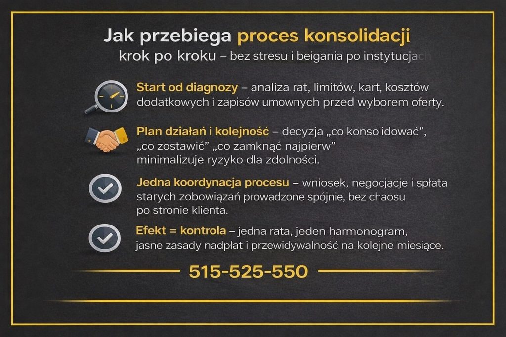 Infografika pokazująca, jak przebiega proces łączenia zobowiązań krok po kroku. Grafika wyjaśnia analizę rat i limitów, plan działań, jedną koordynację procesu oraz efekt w postaci jednej raty i pełnej kontroli nad spłatą zadłużenia.
