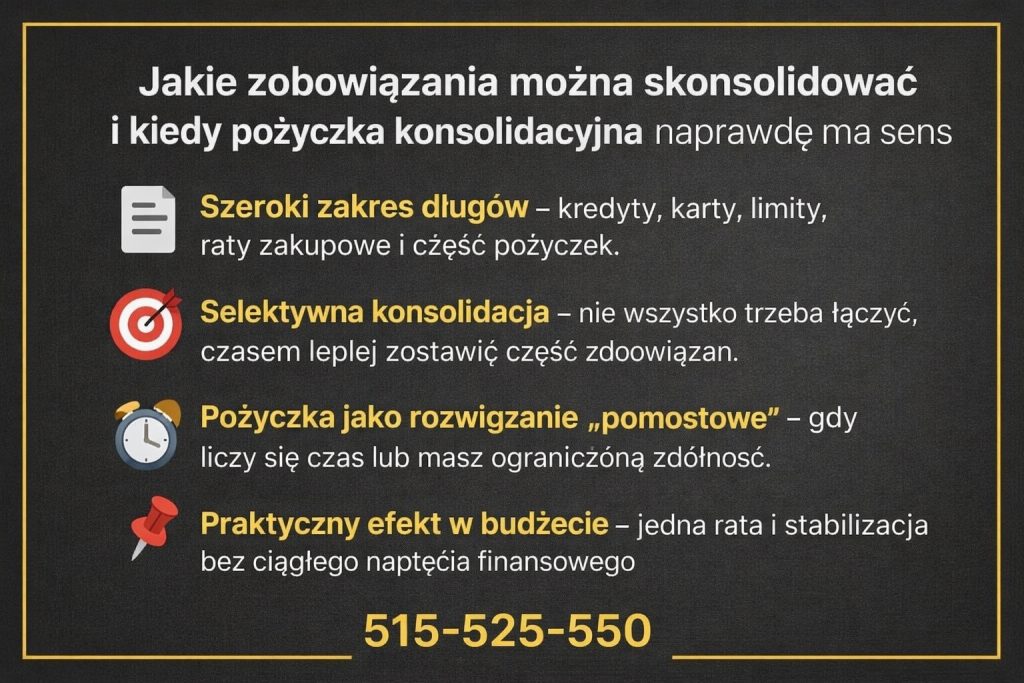 Jakie zobowiązania warto połączyć w konsolidacji - grafika prezentuje zakres długów możliwych do konsolidacji, sens selektywnego łączenia rat, rolę pożyczki jako rozwiązania pomostowego oraz praktyczny efekt w budżecie w postaci stabilizacji i spokoju finansowego.
