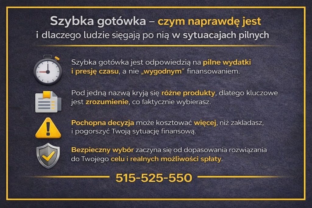 Szybka gotówka jako rozwiązanie na pilne wydatki i presję czasu. Grafika wyjaśnia, czym naprawdę jest szybka gotówka, dlaczego pod jedną nazwą kryją się różne produkty finansowe oraz jak pochopna decyzja może wpłynąć na sytuację finansową i bezpieczeństwo spłaty zobowiązania
