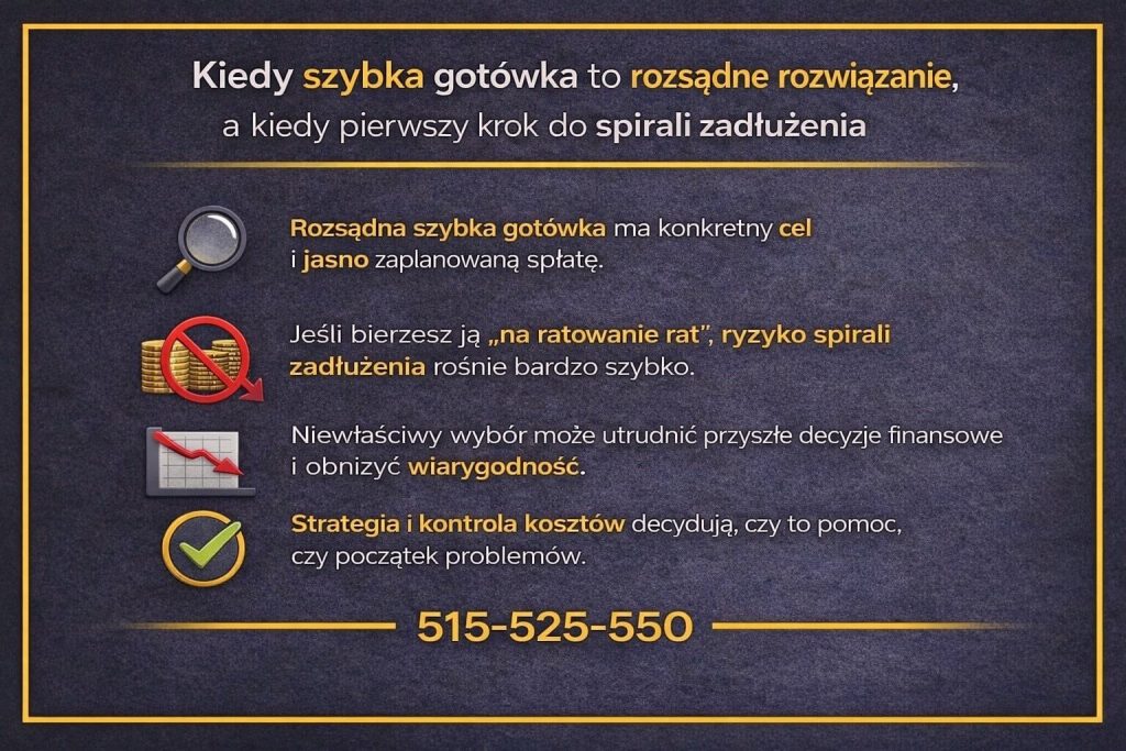 Kiedy szybkie finansowanie jest rozsądnym rozwiązaniem, a kiedy prowadzi do spirali zadłużenia. Grafika wyjaśnia znaczenie jasno zaplanowanej spłaty, ryzyko pożyczek na ratowanie rat oraz wpływ decyzji na przyszłą wiarygodność i stabilność finansową