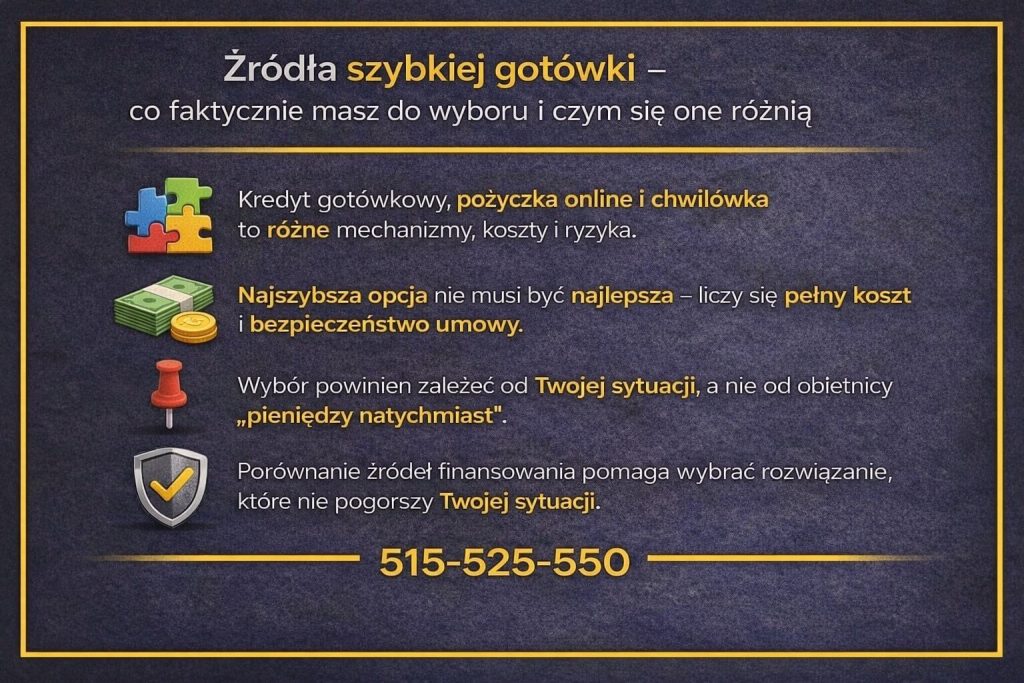 Źródła szybkiego finansowania - kredyt gotówkowy, pożyczka online i chwilówka. Grafika porównuje mechanizmy, koszty i poziom ryzyka, podkreślając, że wybór powinien zależeć od sytuacji finansowej, a nie od obietnicy natychmiastowej wypłaty pieniędzy.