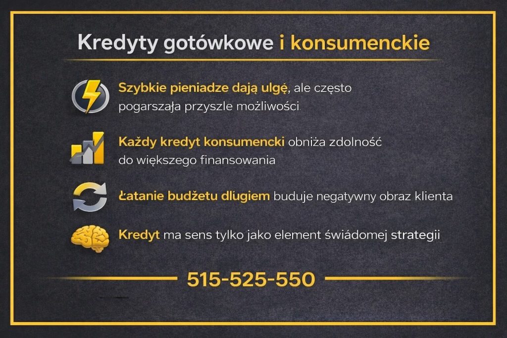 Grafika opisująca ryzykowne finansowanie gotówkowe i kredyty konsumenckie w kontekście problemów z uzyskaniem kredytu. Infografika pokazuje, jak szybkie pieniądze obniżają zdolność kredytową i pogarszają przyszłe możliwości finansowe klienta.