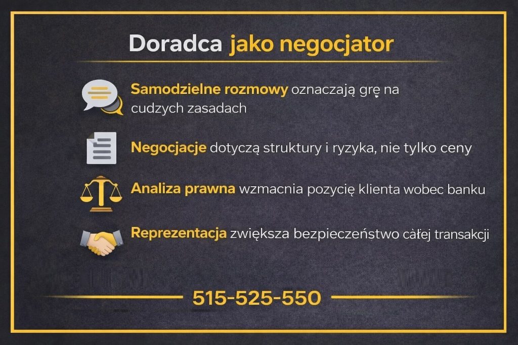 Infografika pokazująca rolę doradcy jako negocjatora w trudnych przypadkach kredytowych. Grafika podkreśla znaczenie analizy prawnej, negocjowania struktury i ryzyka umowy oraz reprezentacji klienta w rozmowach z bankiem.