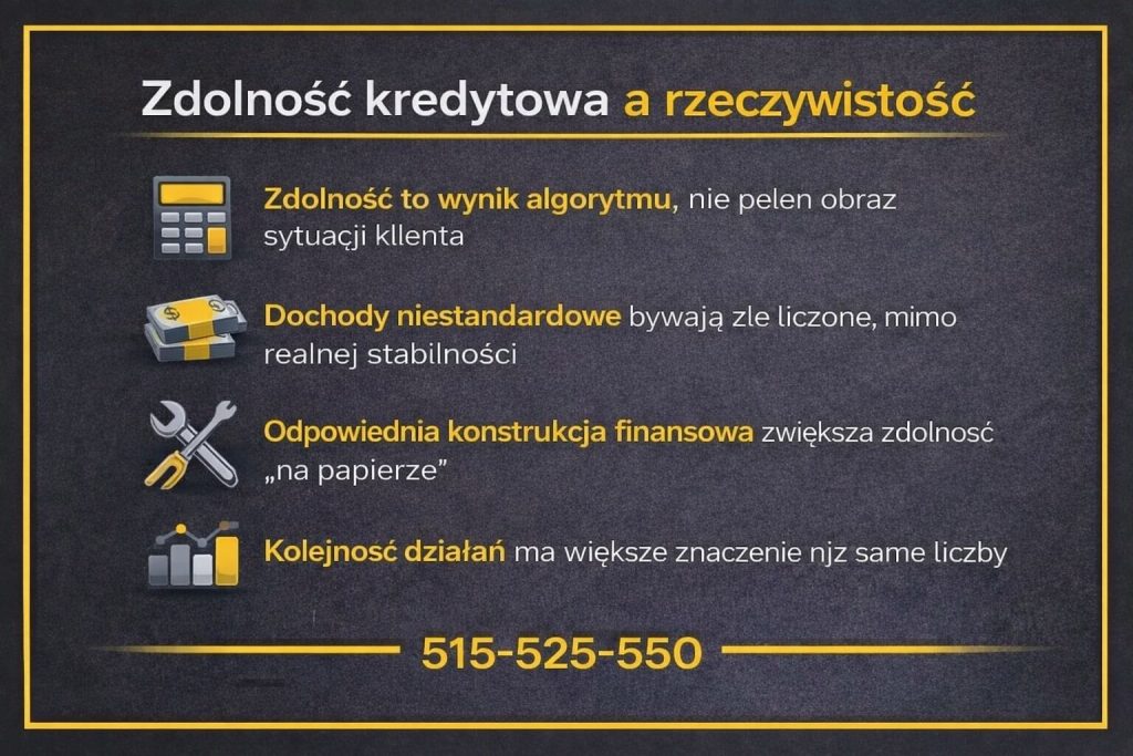 Grafika wyjaśniająca różnicę między zdolnością kredytową a rzeczywistą sytuacją klienta. Infografika pokazuje, że algorytmy bankowe nie zawsze uwzględniają dochody niestandardowe, a odpowiednia konstrukcja finansowa poprawia ocenę „na papierze”.