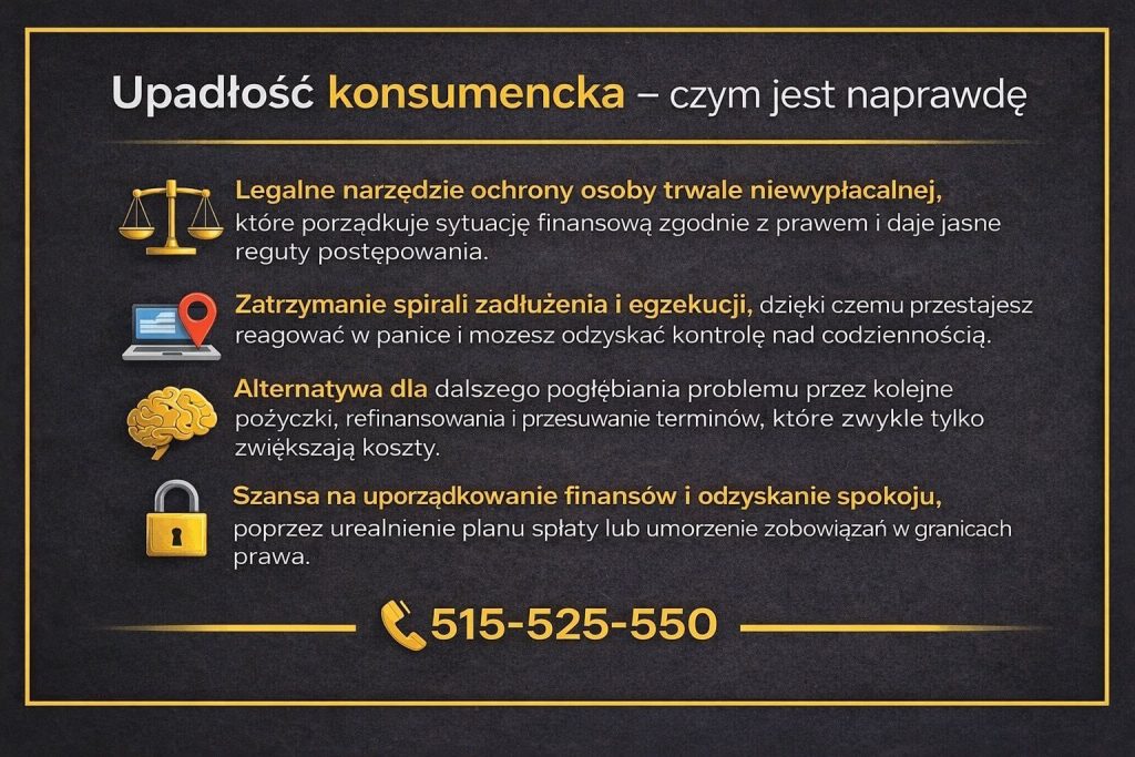 Upadłość osoby fizycznej nieprowadzącej działalności - czym jest w praktyce. Infografika przedstawia ją jako legalne narzędzie ochrony osoby trwale niewypłacalnej, sposób zatrzymania egzekucji i spiralnego zadłużania oraz alternatywę dla kolejnych pożyczek.