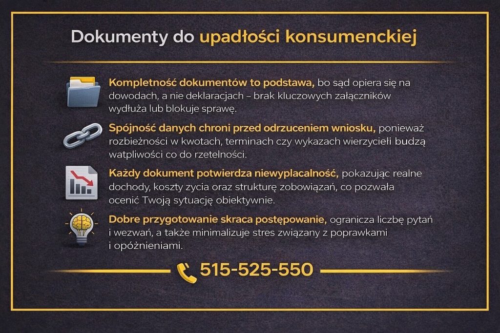 Dokumenty do postępowania upadłościowego konsumenta - infografika pokazująca znaczenie kompletności i spójności danych. Grafika podkreśla rolę dokumentów potwierdzających dochody, koszty życia i zobowiązania oraz wpływ przygotowania na tempo rozpoznania sprawy.