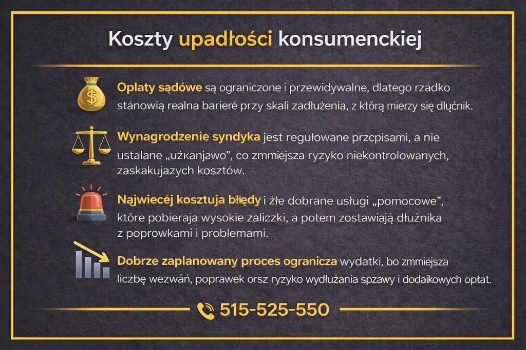 Koszty postępowania upadłościowego osoby zadłużonej przedstawione w formie infografiki. Grafika wyjaśnia opłaty sądowe, zasady wynagradzania syndyka oraz pokazuje, że największe koszty generują błędy proceduralne i źle dobrane usługi „pomocowe”.