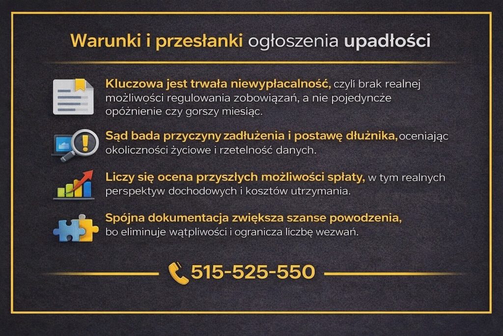 Upadłość konsumencka - warunki i przesłanki ogłoszenia przedstawione w formie infografiki. Grafika wyjaśnia pojęcie trwałej niewypłacalności, ocenę przyczyn zadłużenia przez sąd, analizę przyszłych możliwości spłaty oraz znaczenie kompletnej dokumentacji w postępowaniu upadłościowym.