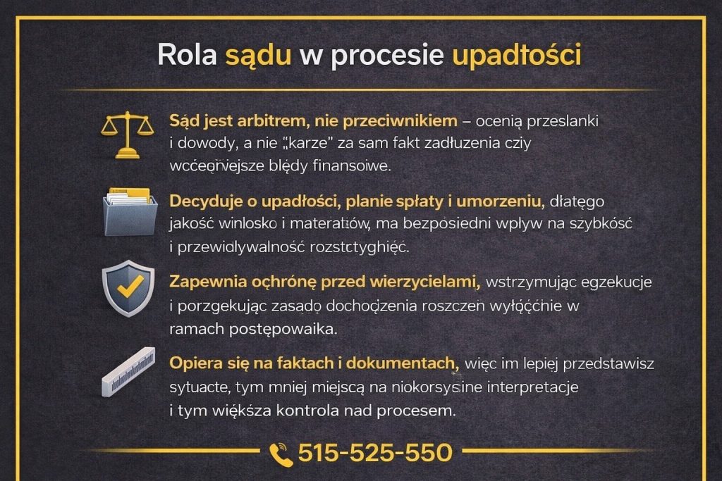 Upadłość konsumencka - rola sądu w postępowaniu upadłościowym osoby fizycznej. Infografika pokazuje, że sąd ocenia dowody i fakty, decyduje o ogłoszeniu upadłości, planie spłaty lub umorzeniu długów oraz zapewnia ochronę przed wierzycielami w trakcie procedury.