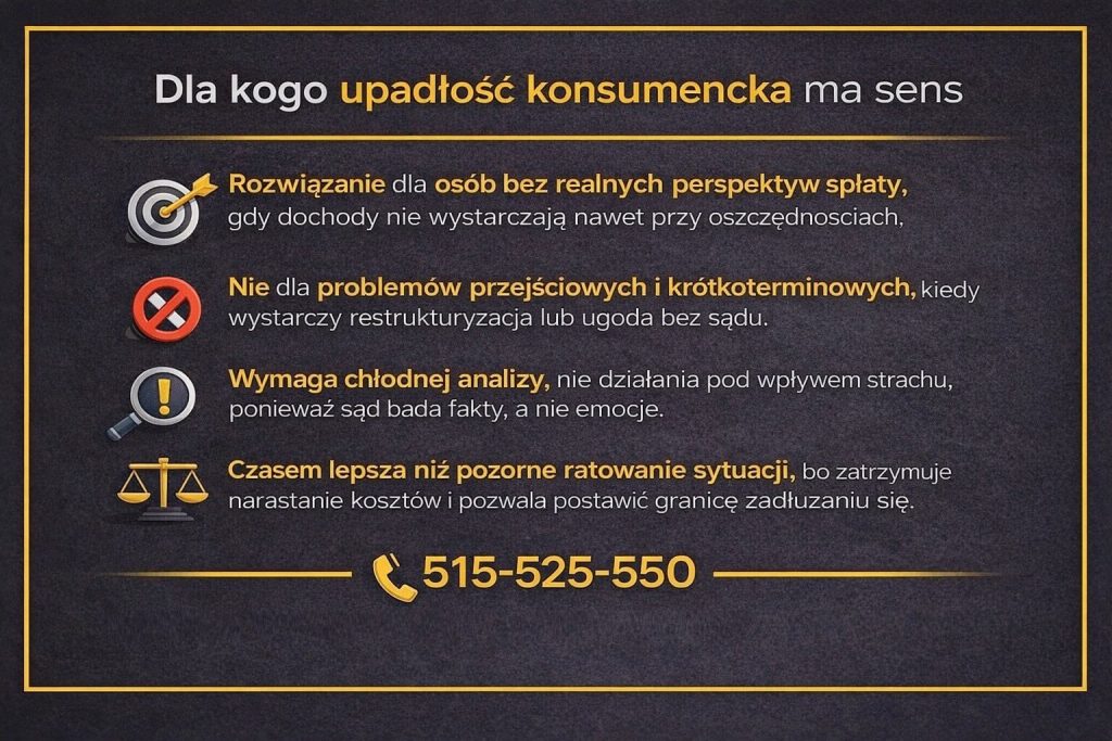 Upadłość konsumencka - dla kogo to rozwiązanie ma sens. Grafika wyjaśnia, że procedura jest przeznaczona dla osób bez realnych perspektyw spłaty zobowiązań, nie dotyczy problemów przejściowych i wymaga chłodnej analizy sytuacji finansowej przed złożeniem wniosku.