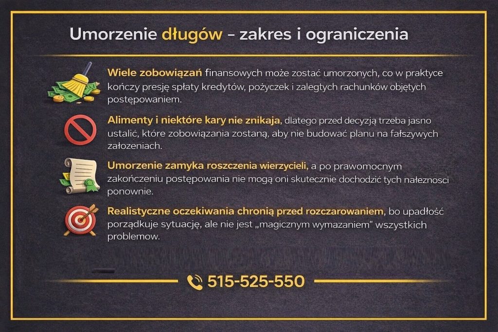 Umorzenie zobowiązań w upadłości konsumenckiej - zakres i ograniczenia. Grafika wyjaśnia, które długi mogą zostać umorzone, a które nie podlegają umorzeniu, takie jak alimenty, oraz pokazuje znaczenie realistycznych oczekiwań wobec skutków zakończenia postępowania.