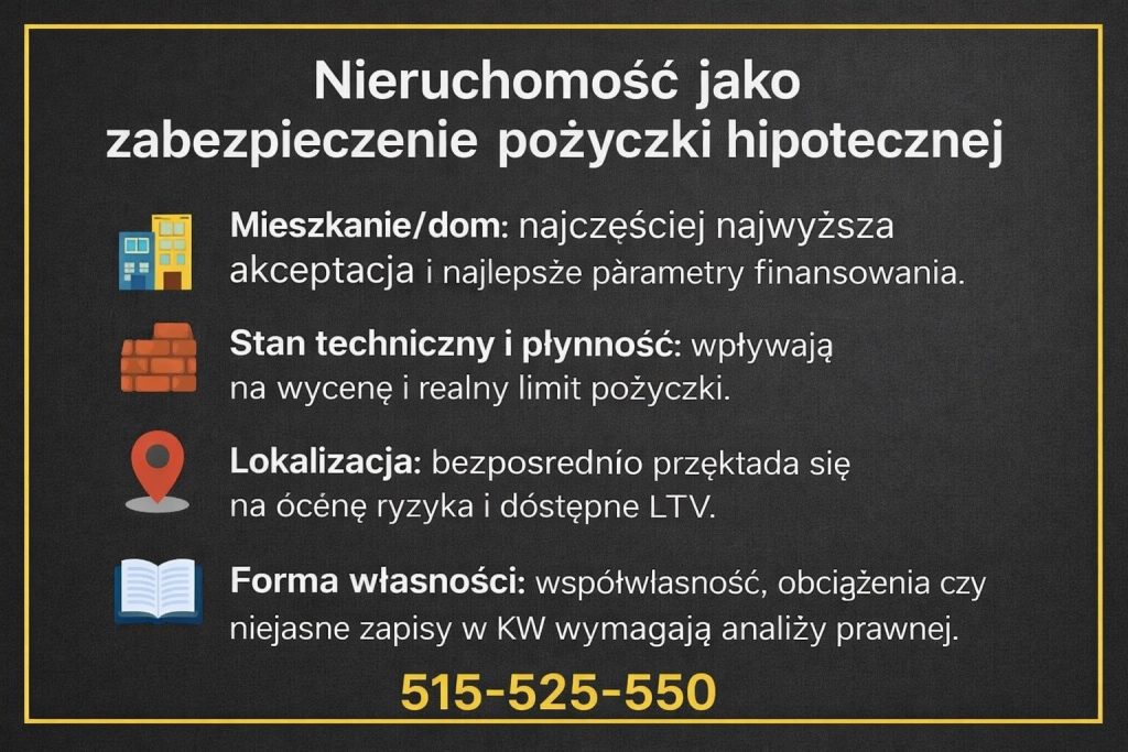 Pożyczka hipoteczna zabezpieczona nieruchomością - grafika wyjaśniająca znaczenie mieszkania lub domu, stanu technicznego, lokalizacji oraz formy własności przy ustalaniu wartości zabezpieczenia, poziomu LTV i warunków finansowania pożyczki hipotecznej.