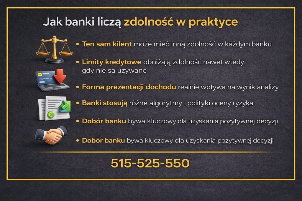 Grafika wyjaśniająca, jak banki liczą zdolność kredytową w praktyce. Ilustracja pokazuje różnice w ocenie tego samego klienta w bankach, wpływ limitów kredytowych, znaczenie prezentacji dochodu oraz stosowanie odmiennych algorytmów oceny ryzyka kredytowego.