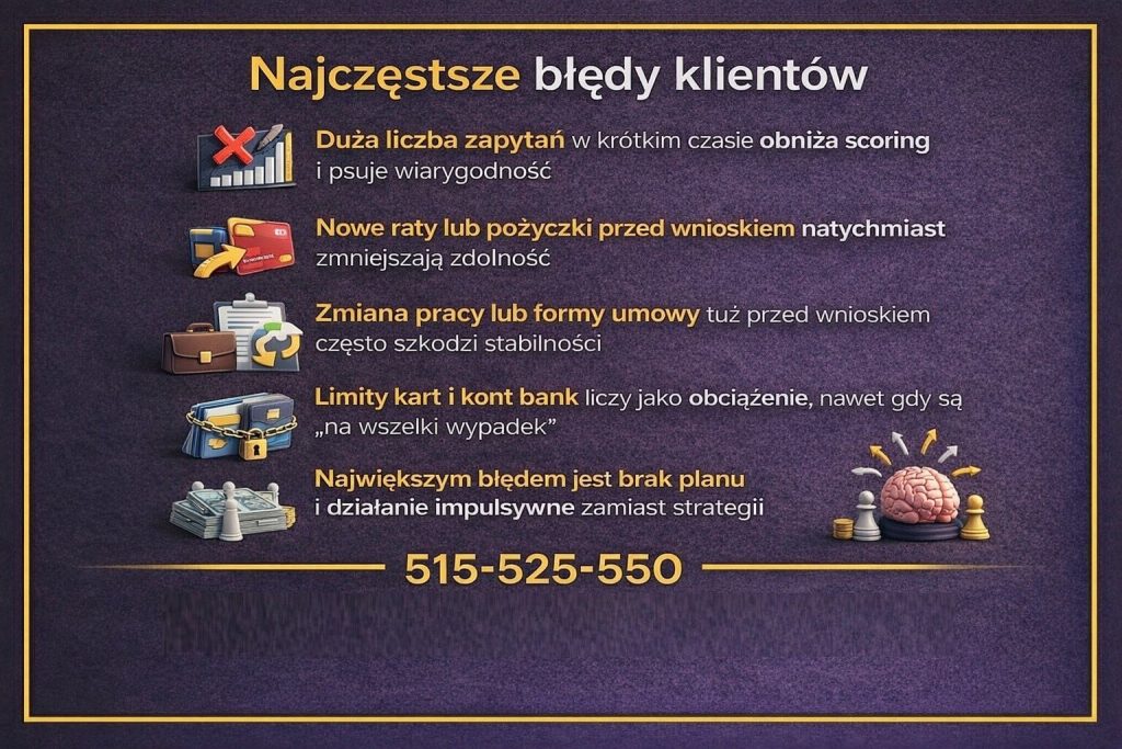 Infografika pokazująca najczęstsze błędy obniżające zdolność kredytową klientów. Na grafice zaznaczono m.in. dużą liczbę zapytań kredytowych, nowe raty przed wnioskiem, zmianę pracy w złym momencie oraz utrzymywanie niepotrzebnych limitów kartowych.