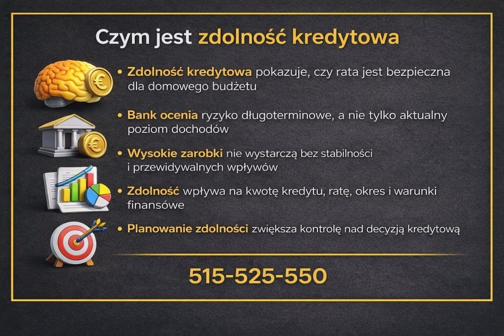 Grafika edukacyjna wyjaśniająca, czym jest ocena możliwości kredytowych klienta. Ilustracja pokazuje, że bank analizuje bezpieczeństwo raty dla budżetu domowego, stabilność dochodów, ryzyko długoterminowe oraz wpływ tej oceny na warunki i kwotę kredytu.