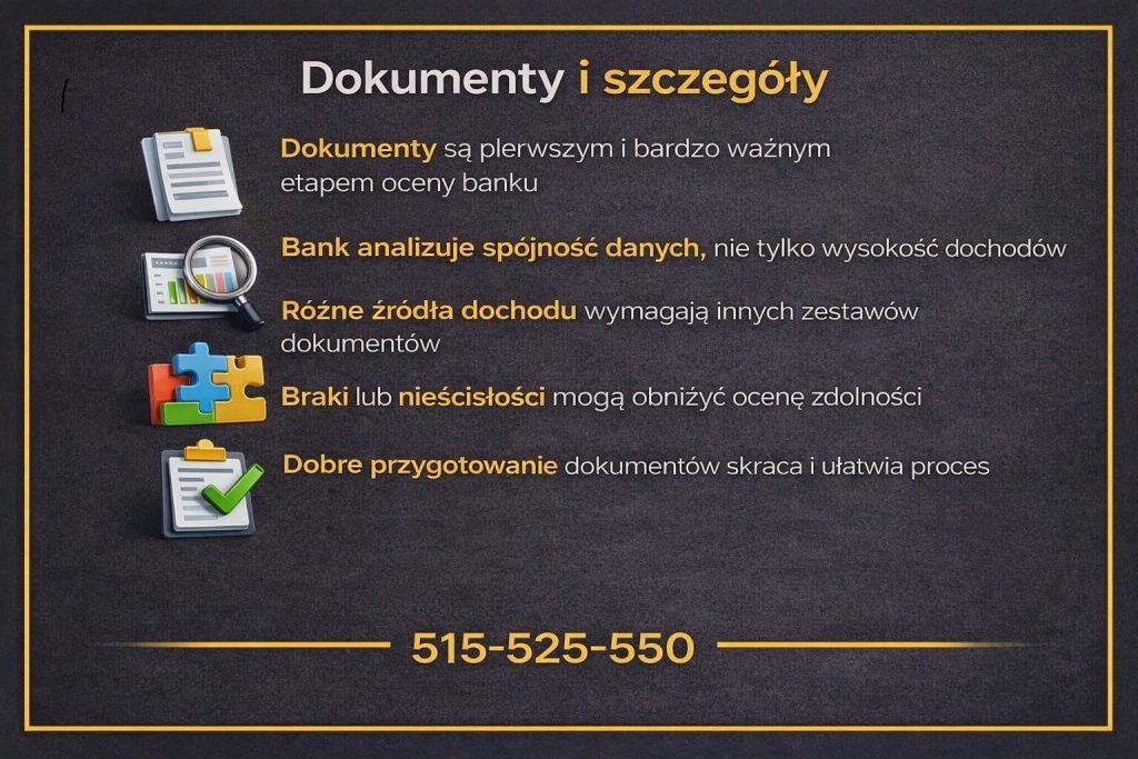 Infografika prezentująca znaczenie dokumentów w procesie oceny zdolności finansowej kredytobiorcy. Grafika pokazuje analizę spójności danych, różne źródła dochodu, ryzyko błędów w dokumentach oraz wpływ dobrego przygotowania na szybkość decyzji banku.