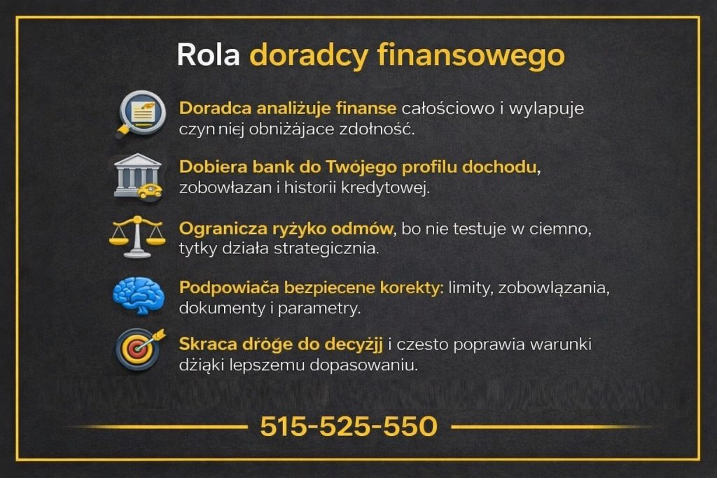 Grafika przedstawiająca rolę doradcy finansowego w analizie zdolności finansowej klienta. Ilustracja pokazuje całościową ocenę sytuacji, dobór banku do profilu dochodu, ograniczenie ryzyka odmów oraz poprawę warunków kredytu dzięki strategii.