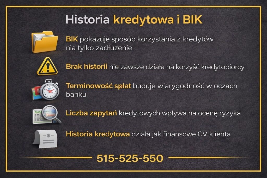 Grafika edukacyjna dotycząca historii kredytowej i BIK w kontekście oceny wiarygodności finansowej. Ilustracja pokazuje znaczenie terminowych spłat, liczbę zapytań kredytowych oraz fakt, że historia kredytowa działa jak finansowe CV klienta.