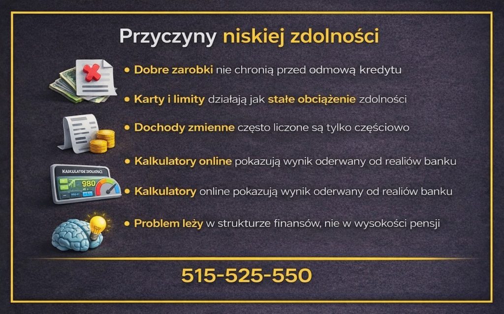 Infografika przedstawiająca przyczyny niskiej zdolności kredytowej u klientów banków. Grafika pokazuje, że dobre zarobki nie zawsze chronią przed odmową, a karty i limity działają jak stałe obciążenie. Wskazano też dochody zmienne i kalkulatory online oderwane od realiów bankowych.