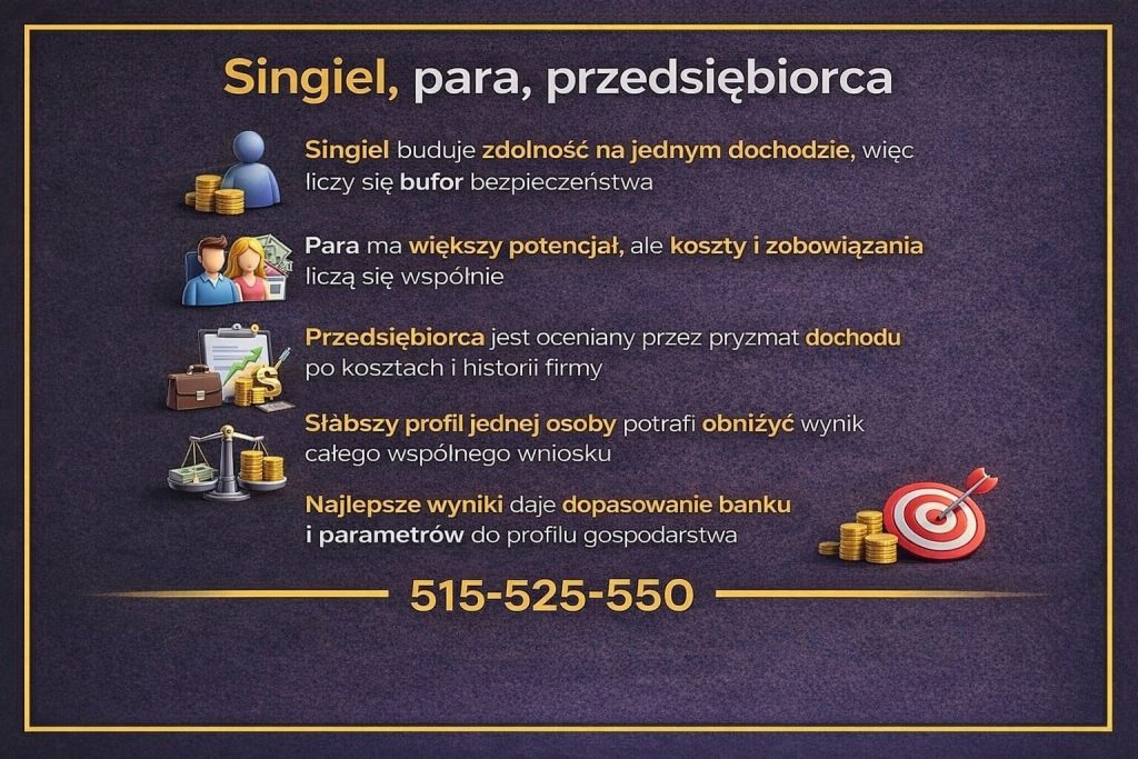 Grafika edukacyjna pokazująca, jak zdolność kredytowa jest oceniana u singla, pary i przedsiębiorcy. Ilustracja wyjaśnia znaczenie jednego źródła dochodu, wspólnych kosztów w parze, analizy dochodu po kosztach u firm oraz wpływu słabszego profilu na cały wniosek.