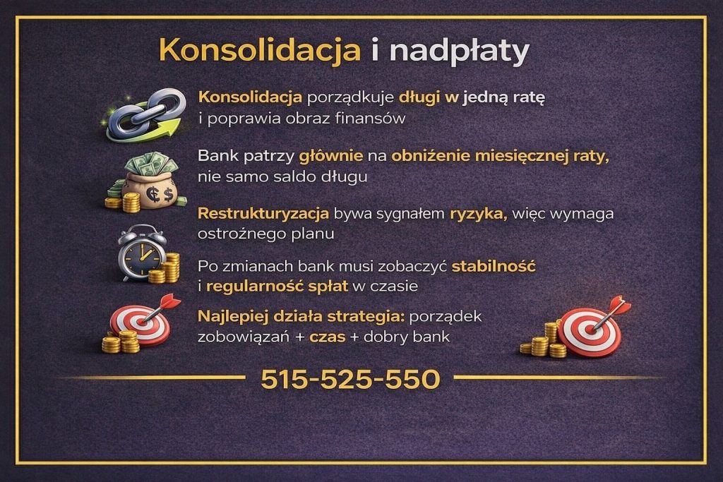 Grafika pokazująca wpływ konsolidacji i nadpłat na możliwości kredytowe klienta. Ilustracja przedstawia porządkowanie długów w jedną ratę, znaczenie obniżenia miesięcznego obciążenia, ryzyko restrukturyzacji oraz konieczność stabilności po zmianach.